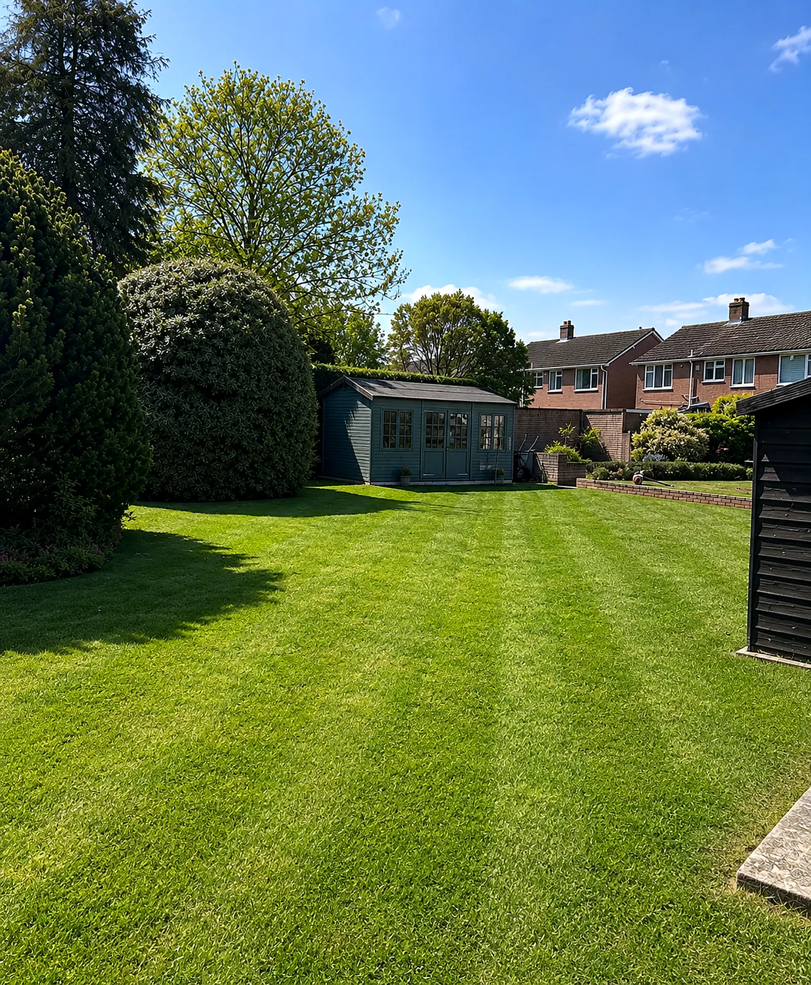 A large back-garden lawn under blue sky, mature trees and a dark shed against the boundary