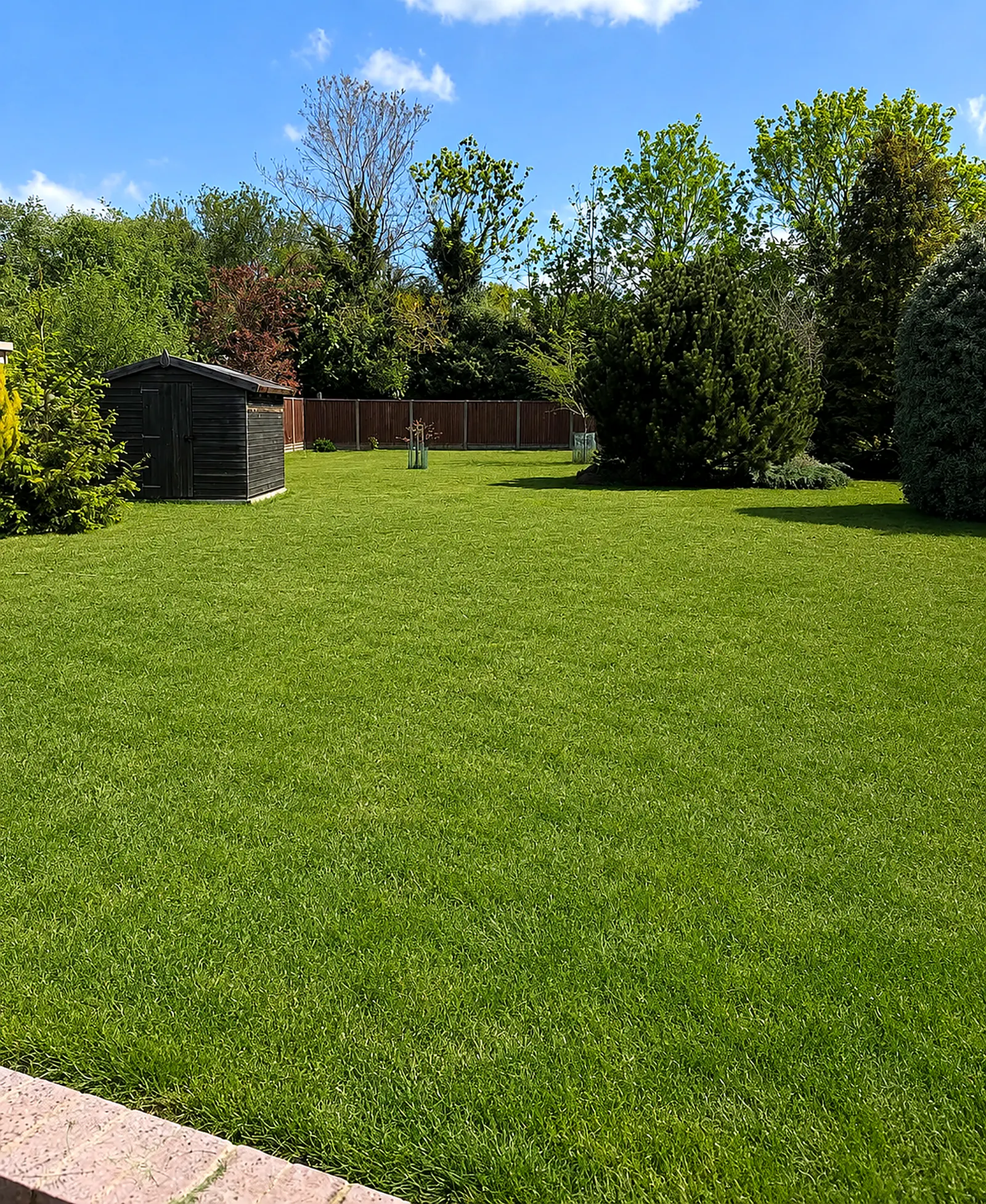 A pristine striped lawn with a sage summerhouse beyond and Stihl kit laid out on the patio