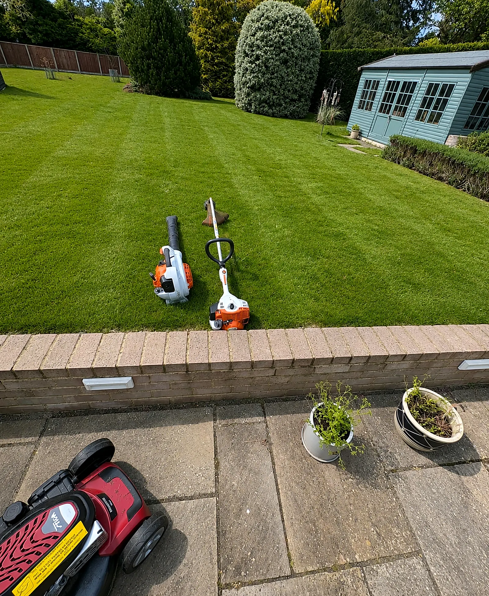 A trimmed back garden with sage summerhouse and mature shrubs framing the lawn